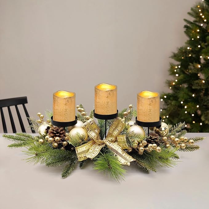 Gold Glittery Christmas Candle Centerpiece with Berries and Pinecones - 27.5 Inch