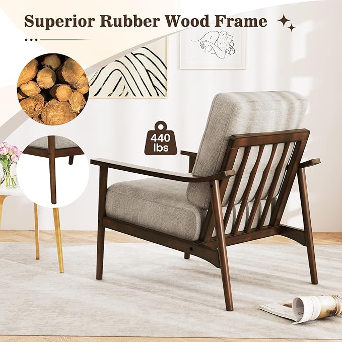 Giantex Mid Century Modern Accent Chair Set of 2, Max Load 440 LBS Upholstered Living Room Chair w/Rubber Wood Armrests & Legs, Removable Back Cushion, Comfy Reading Arm Chair for Bedroom