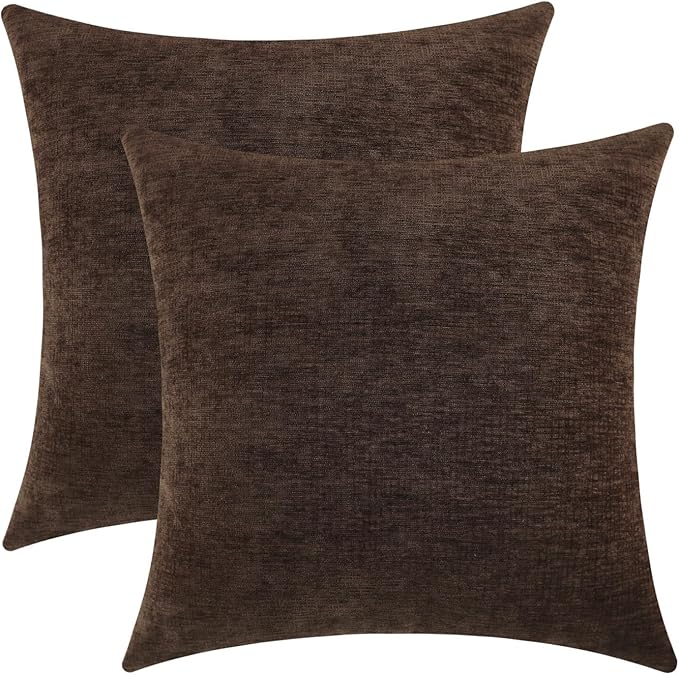 Coffee Brown Chenille Decorative Couch Throw Pillow Covers, Soft Cushion Cases for Home Livingroom Sofa Décor, Pack of 2, 14 x 14 Inches