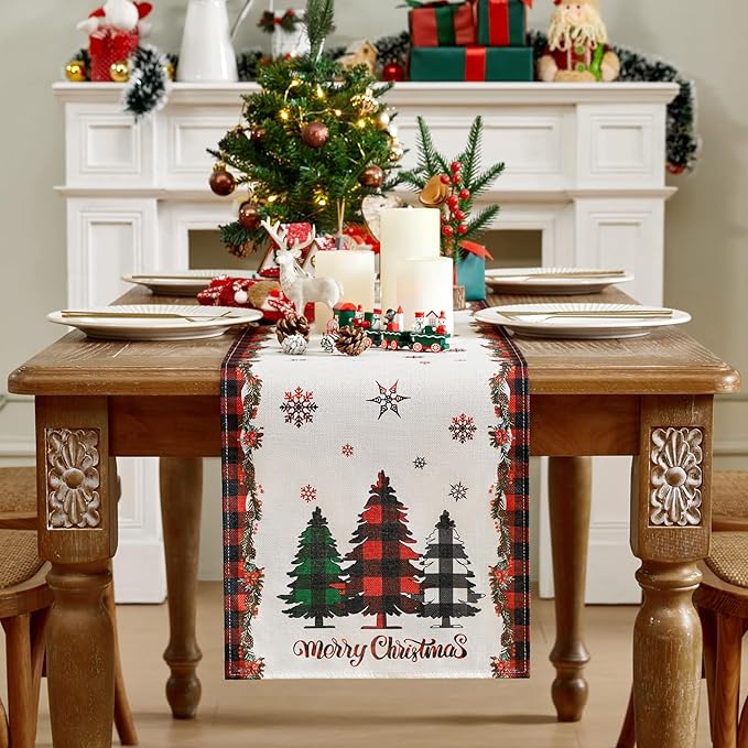 Christmas Table Runner - Xmas Tree Snowflakes Pine Needles Winter Holiday Decorative Farmhouse Table Decorations for Kitchen Dinning, Indoor Outdoor Dinner Party Decor 13x72 Inch
