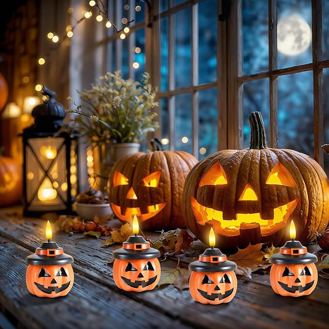 Homemory Real Wax Pumpkin Candles, 4 Pcs Flickering Flameless Candles with 6hrs Timer, LED Halloween Pumpkin Lamp, Battery Operated Lights for Home Halloween Decor, Theme Party, Orange