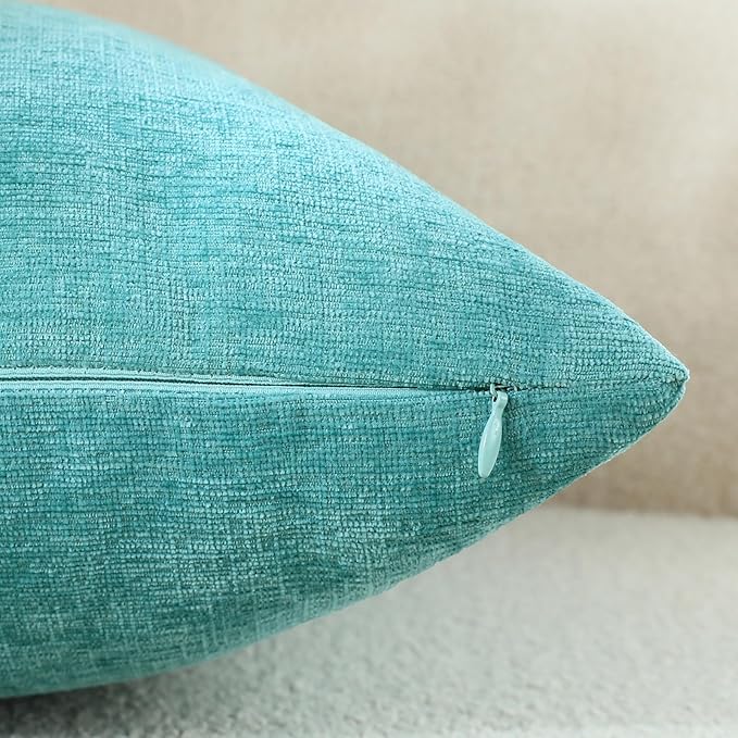 Aqua Green Chenille Decorative Couch Throw Pillow Covers, Soft Cushion Cases for Home Livingroom Sofa Décor, Pack of 2, 18 x 18 Inches