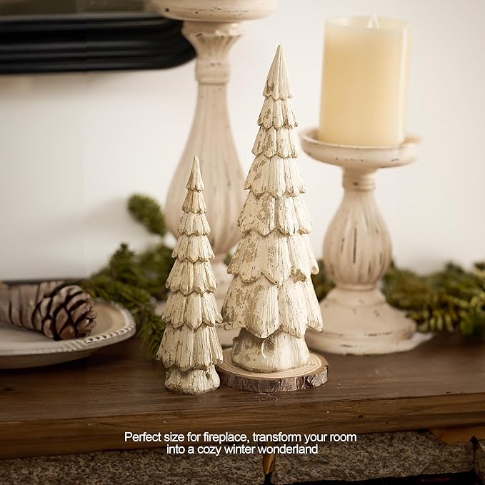 Christmas Tree Figurines, Wood Effect Accented with Gold, Tabletop Xmas Trees Set of 2, Small Decorative Resin Christmas Trees, Christmas Decorations Indoor, Winer Mantle Decor for Table Centerpieces