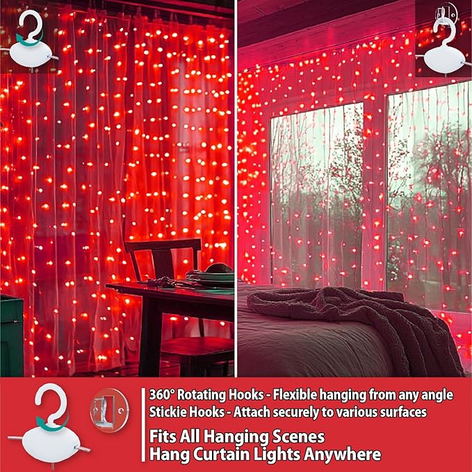 HXWEIYE 300LED Fairy Curtain Lights, 9.8x9.8Ft Red USB Plug in 8 Modes Timer Christmas String Hanging Lights with Remote for Bedroom Backdrop Wedding Party Home Wall Garden Outdoor Indoor Decor