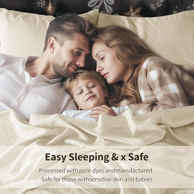 LBRO2M 100% Linen Sheet Set 16" Deep Pocket Queen Size,Bed Sheets 4 Piece Sets,Solid Color Natural Flax Bed Sheets Soft Breathable Bedding, All Season (Queen, Beige)
