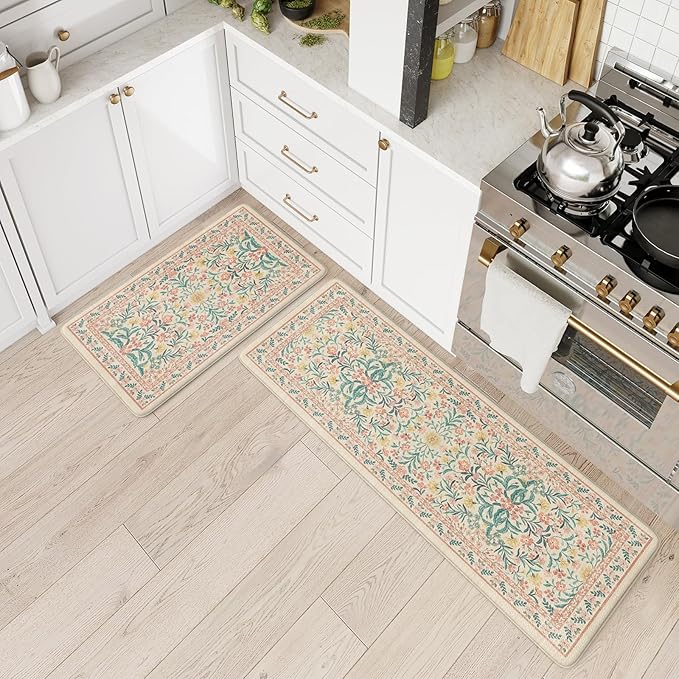 Collive Kitchen Mats for Floor, Cushioned Anti Fatigue Mat Non Skid Waterproof Kitchen Rugs Set of 2, Modern Floral Comfort Standing Rug for Home, Office, Sink, Laundry, 17"x29"+17"x47", Pink