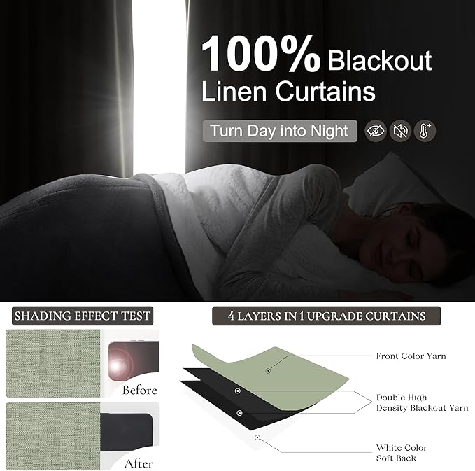 Sage Green Blackout Linen Curtains 96 Inches Long for Living Room Bedroom, Pinch Pleated Boho Light Drapes Viral Window Curtain with Pinch Pleat Clips Thermal Insulated (40"Wx96"Lx2Panels Sage)
