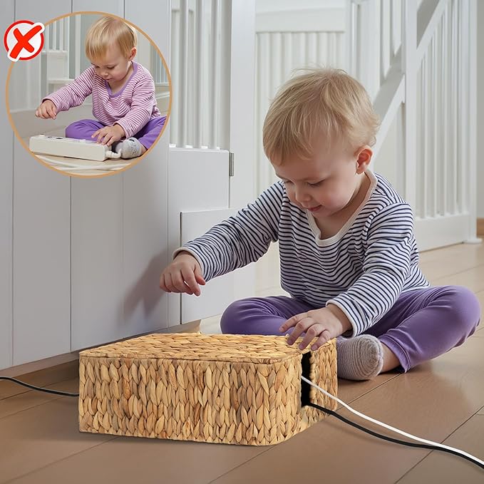 StorageWorks Large Cable Management Box, 2 Slots Wicker Cable Organizer to Hide Cords and Power Strip, Water Hyacinth Cord Hider Box for Home & Office