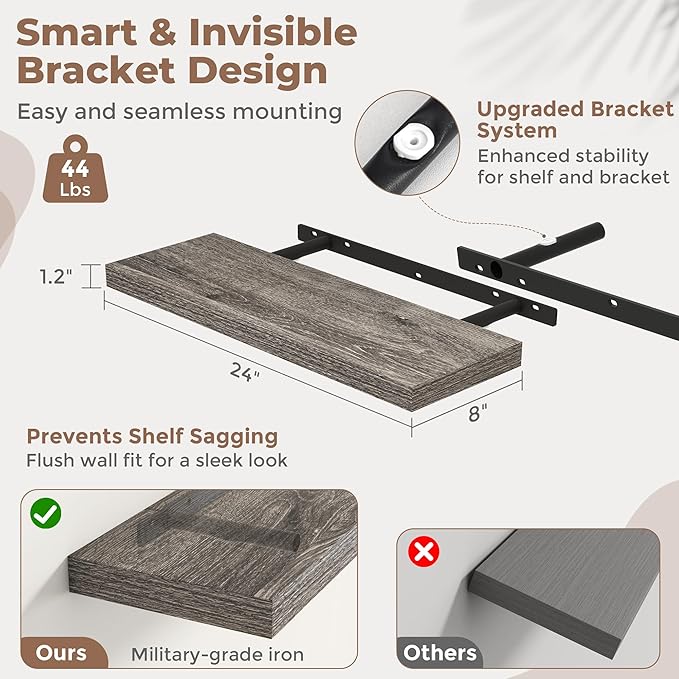 24 Inch Floating Shelves for Wall Set of 2, 8"D Wood Grain Bathroom Shelves with Invisible Brackets, Easy Install Engineered Wood Storage Shelves for Kitchen, Living Room, Bedroom, Grey Oak Finish