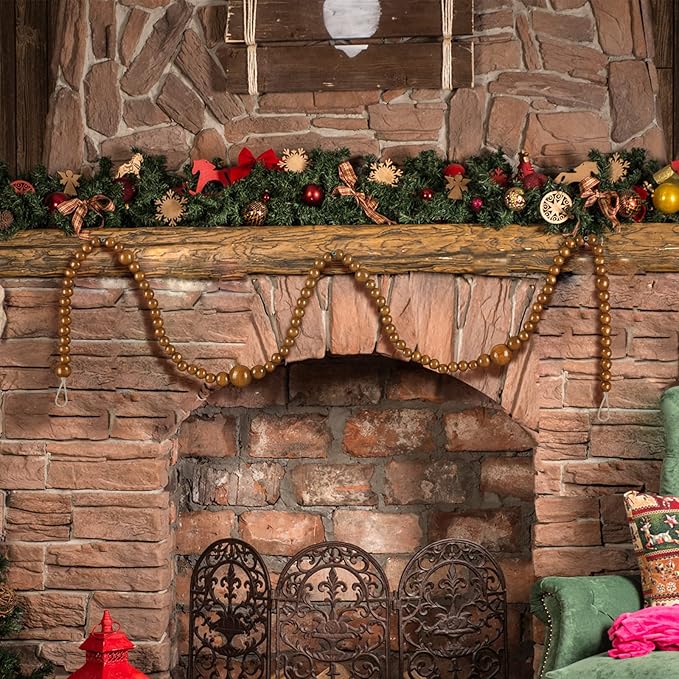 12 Feet Christmas Wooden Beads Garland Round Craft Farmhouse Vintage Wood Bead Garlands for Xmas Decoration Supplies(Coffee)