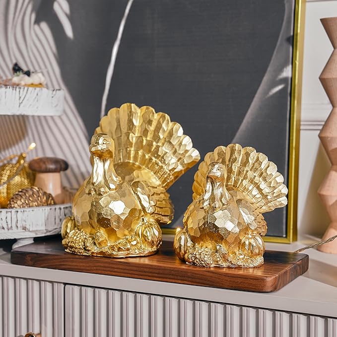 Thanksgiving Turkeys Decor, Gold Resin Turkey Figurine, Small Turkeys Statue for Decorating, Turkey Centerpiece for Table Kitchen Decoration, Harvest Home Decor