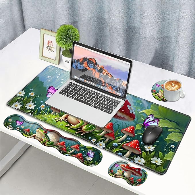 4 in 1 Ergonomic Memory Foam Mouse Pad Wrist Rest Set, Large XXL Gaming Desk Pad + Keyboard Wrist Rest + Mouse Wrist Cushion + Coaster for Home Office Study Gaming, Frog Mushroom Butterfly