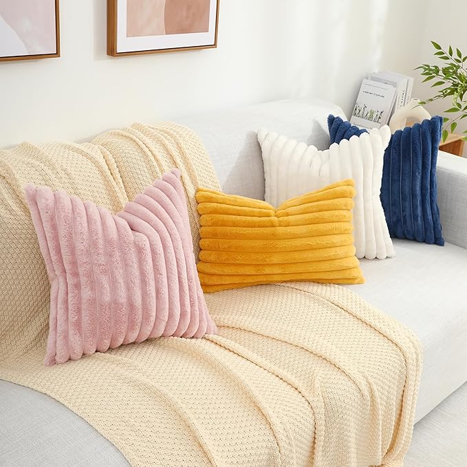 decorUhome Faux Fur Throw Pillow Covers 26x26 Set of 2, Decorative Soft Plush Striped Neutral Couch Euro Pillow Covers with Velvet Back for Sofa, Bed, Living Room Home Decor, Pink