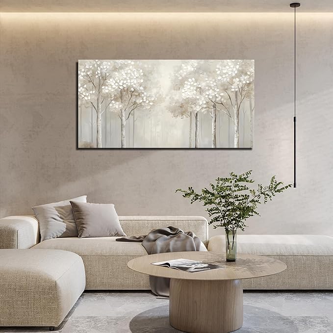 ANCXWOTER Large Forest Wall Art for Living Room White Misty Birch Tree Picture for Bedroom Office Modern Landscapes Canvas Prints Ready to Hang 24x48 Inch
