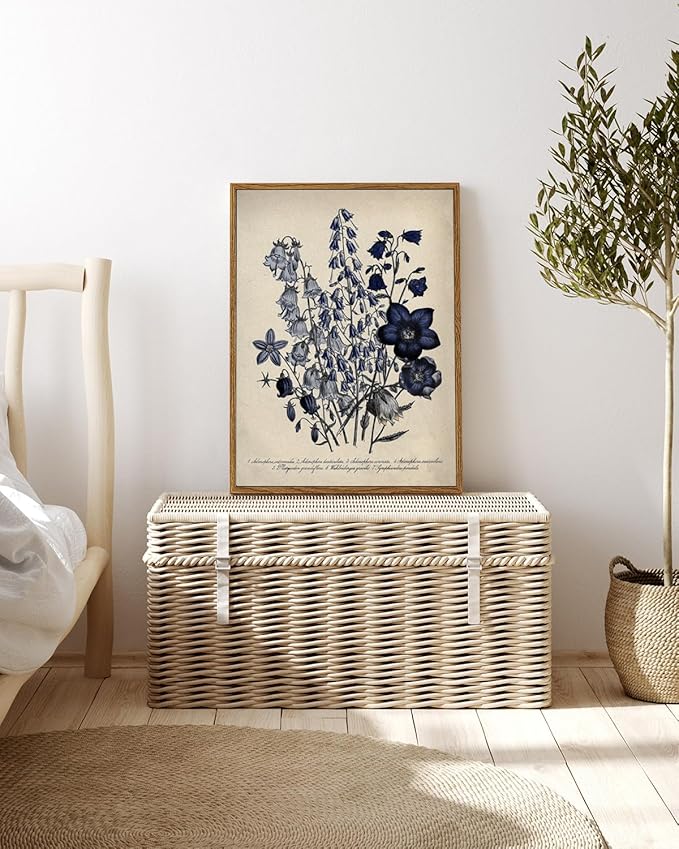 VIYYIEA Vintage Framed Botanical Wall Art Decor, Living Room Bedroom Blue Campanula Pictures Retro Wall Decor, Framed Canvas Prints Artwork, Farmhouse Flower Paintings,12x16 Inch
