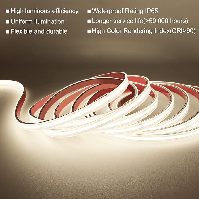 COB LED Strip Lights,Natural White 4000K,DC24V IP67 Waterproof LED Strip,480LEDs/M,16.4ft/5M,8MM Wide,CRI90+,Outdoor cob led Strip for Bathroom Decor,Pool,Garden (Adapter Not Include)