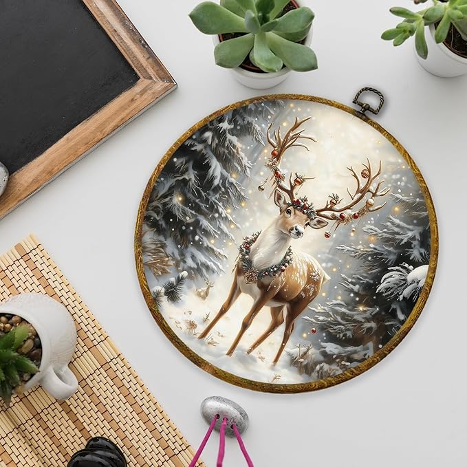 XPH Christmas Reindeer Round Wall Art Framed, Cottage Winter Forest Wildlife Deer Circle Wall Decor, Rustic Xmas Cozy Winter Hanging Canvas Prints for Home Bedroom Living Room Decoration, 10x10 Inch