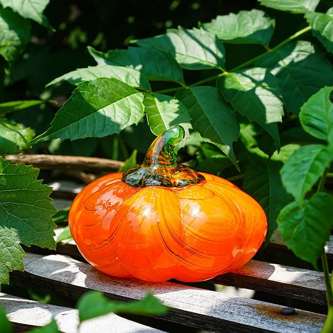 H&D HYALINE & DORA Halloween Glass Pumpkin Collectible Figurine, Blown Glass Pumpkin Fall Decorations for Home Fall Harvest Thanksgiving, Orange Crystal Art Pumpkin Paperweight