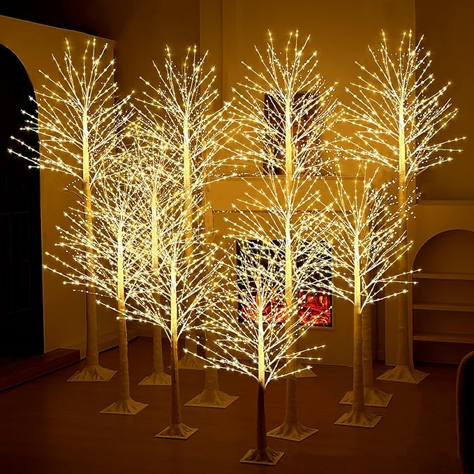 Baquler 12 Pack Lighted Birch Tree - Artificial LED Warm-White Light Birch Tree Decoration for Christmas Holiday Party Wedding Festival Decor, Indoor & Outdoor (4 6 8 ft)