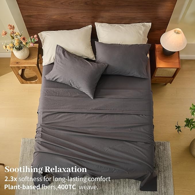 MEISHANG 100% French Pure Linen Sheets Cal King Size - 6 PC Extra Deep Pocket Sheet Set, Soft Durable Flax Linen, Anti-Tear Breathable & Oeko-Tex Certified 18-24 Deep Pocket,All Season(Dark Grey)