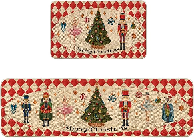 VAKADO Christmas Kitchen Rugs Door Mat Set of 2,for Decor Kitchen Door Front Doormat Nutcracker Floor Decorations Stain Fade Resistant Non-Slip Rubber Backing Rug(17x29 Inch,17x47 Inch)