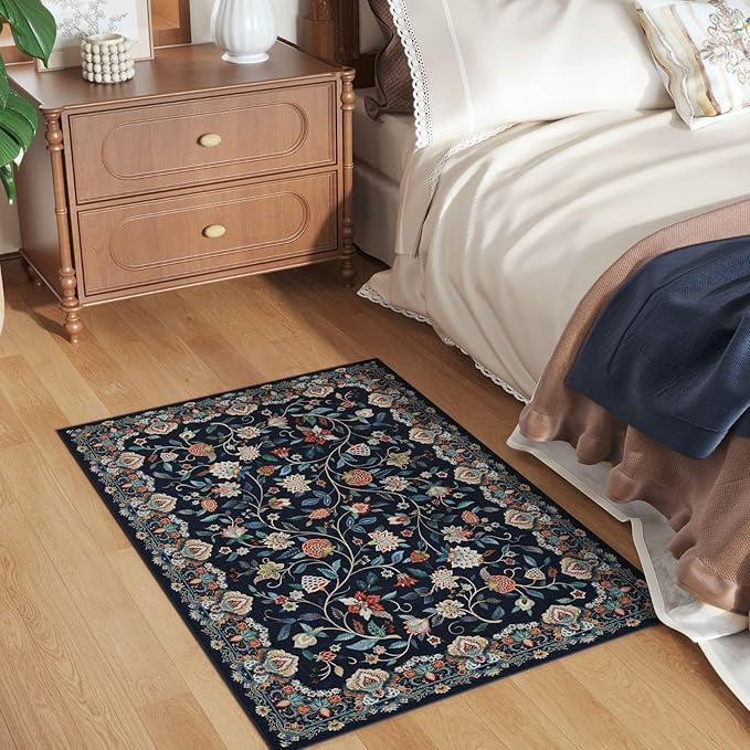 Rugcomf 2'x3' Entryway Rug - Paisley Pattern, Door Mat Indoor Entrance, Floral Vintage, Machine Washable, Non-Slip Low Pile Area Rug for Kitchen, Front Door, Kids Room - Blue