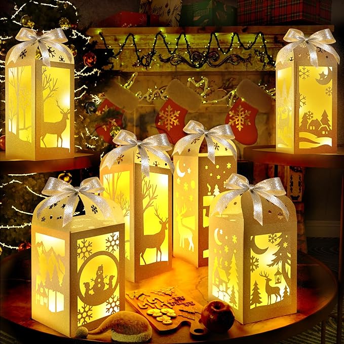 OuMuaMua Winter Christmas Centerpiece Table Decorations, 6Pcs Light Up Snowman Deer Decorative Paper Lanterns Glitter Table Centerpiece Boxes for Winter Wonderland Christmas Holiday Party Home Decor