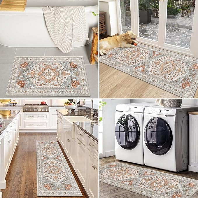 Yamaziot Boho Washable Kitchen Rugs Sets of 3, Non Slip Kitchen Mats for Floor with Rubber Backing, Waterproof & Stain Resistant Thick Carpet Runner Throw Rug for Kitchen, Laundry Room, Hallway