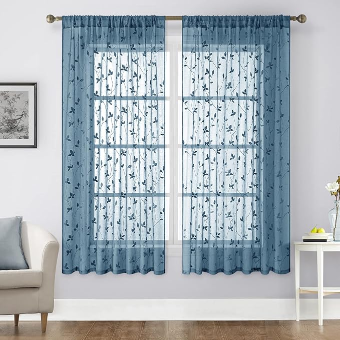 HOMEIDEAS Cyan Blue Sheer Curtains 52 X 63 Inches Length 2 Panels Embroidered Vine Floral Pattern Pocket Faux Linen Semi Sheer Voile Window Drapes for Bedroom Living Room