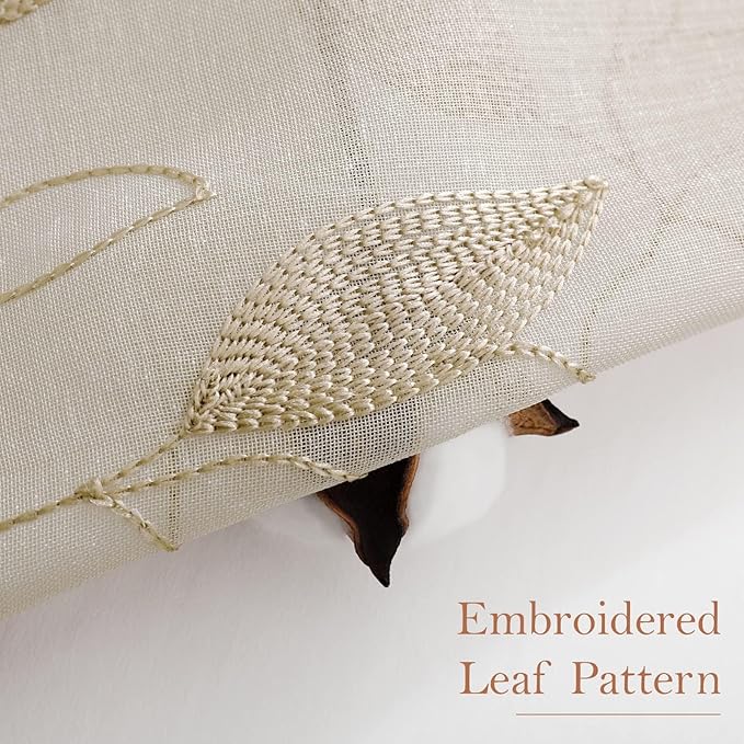 HOMEIDEAS Taupe Sheer Curtains 52 x 54 Inch Length 2 Panels Beige Embroidered Leaf Pattern Short Curtains for Bedroom Half Small Window Rod Pocket Kitchen