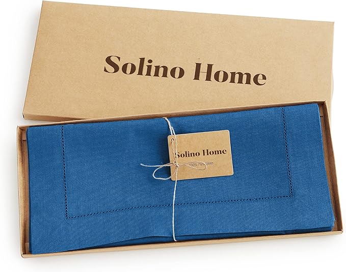 Solino Home Linen Indigo Blue Table Runner 72 Inches Long - 100% Pure Linen Hemstitch Table Runner 14 x 72 Inch for Dresser, Dining, Fall, Autumn, Halloween, Christmas - Classic Hemstitch