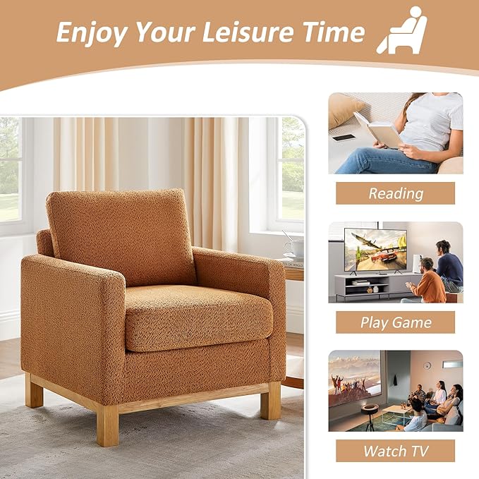 VANOMi Accent Chair 29.5" Reading Chair, Modern Living Room Chair with Thick Cushion&Wood Base, Comfy Upholstered Boucle Armchair, Single Sofa for Bedroom, Office, Curry Set of 2