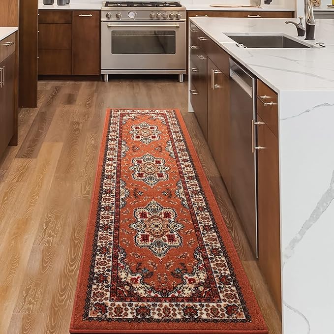 Antep Rugs Alfombras Oriental Traditional 2x7 Non-Skid (Non-Slip) Low Profile Pile Rubber Backing Indoor Runner Rugs (Rust Brown, 2' x 7')