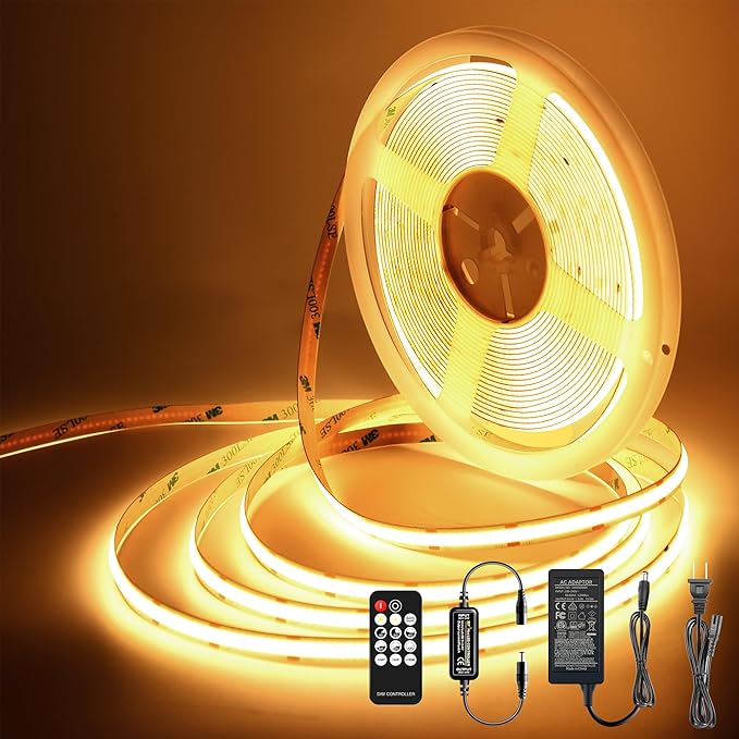 LED Strip Lights 32.8FT,Dimmable cob led Strip with Adapter and Remote,Superbright 24V led Tape,CRI90+,2700K Warm White led Strips,Indoor Perfect for Cabinet,Room,Kitchen,TV,Mirror