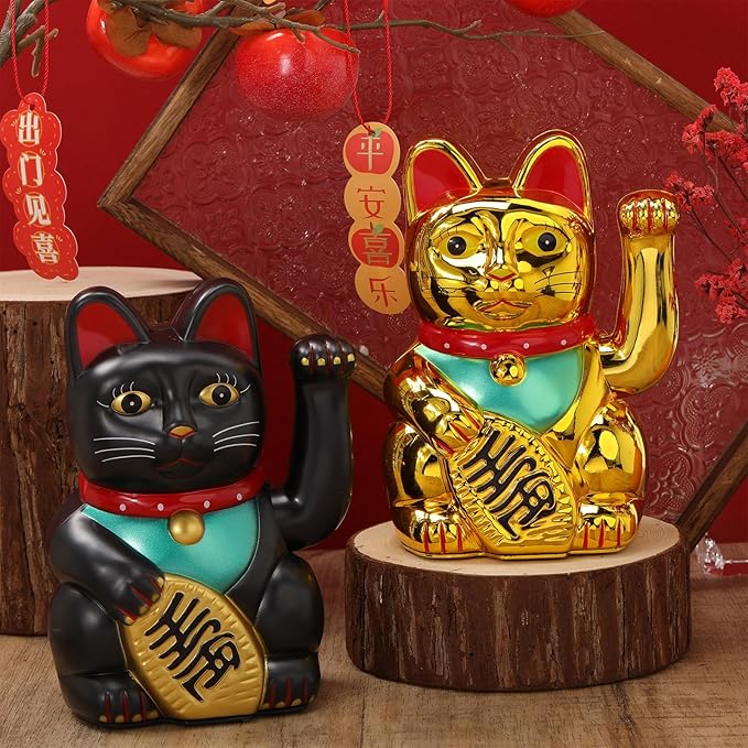 2 Pcs 7 Inch Lucky Cat Waving Arm Maneki Neko Lucky Fortune Cat Fengshui Welcoming Decoration for Home Office Restaurant Shop Gifts Decor Battery Operated (Battery Not Included)