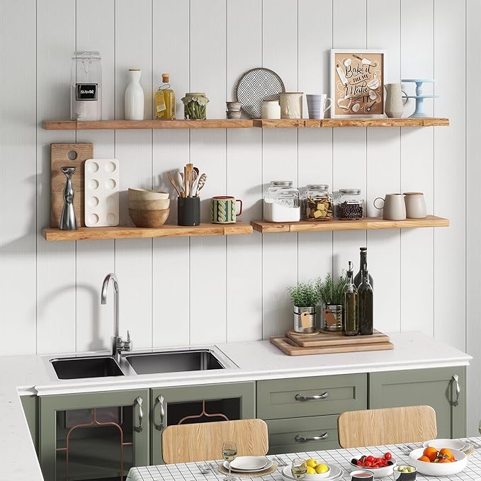 Rustic Elm Wood Floating Shelf for Wall, Live Edge 55"W x 9.2"D x 1.4"H, 1 Pack with Invisible Bracket, Large Wall Mounted Storage Shelf for Living Room Bedroom Kitchen Bathroom Decor, Natural Finish