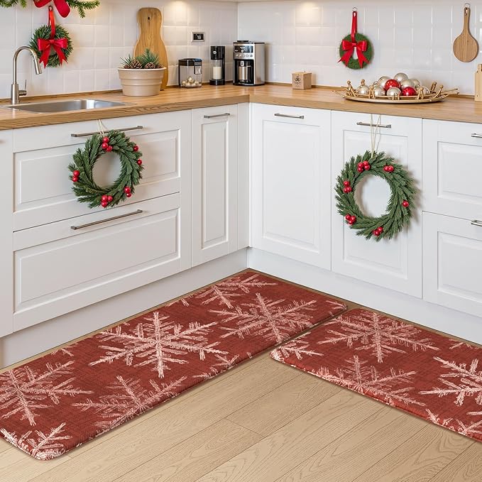 Snowflake Christmas Kitchen Mat, Anti Fatigue Mats for Kitchen Floor Cushioned Red Kitchen Rugs Non Slip, Floral Ergonomic Waterproof Standing Mat for Home Decor,Laundry,Sink