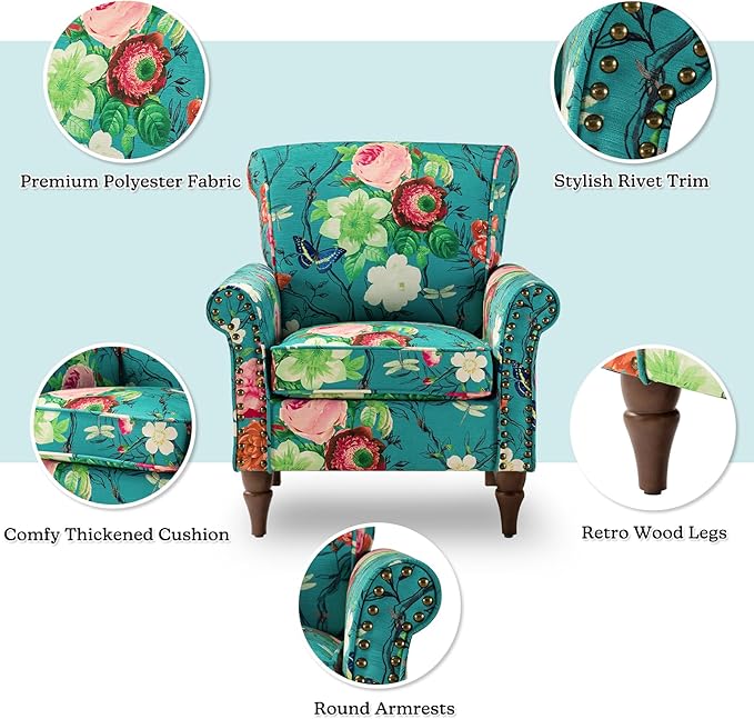 HULALA HOME Modern Wingback Accent Chairs Set of 2 with Wood Legs & Removable Cushion, Comfy Upholstered Armchairs with Nailhead Trim, Floral Pattern Single Sofa Chairs for Living Room Bedroom, Blue