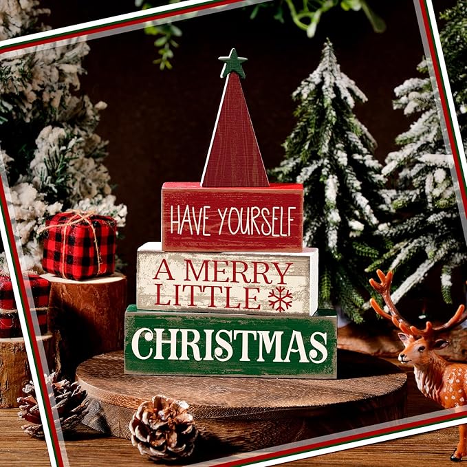 4 Pcs Christmas Decor Wooden Christmas Tree Winter Tiered Tray Decor Xmas Table Centerpiece Rustic Decorative Tree Block Signs Gift Farmhouse Winter Table Decoration for Home Kitchen