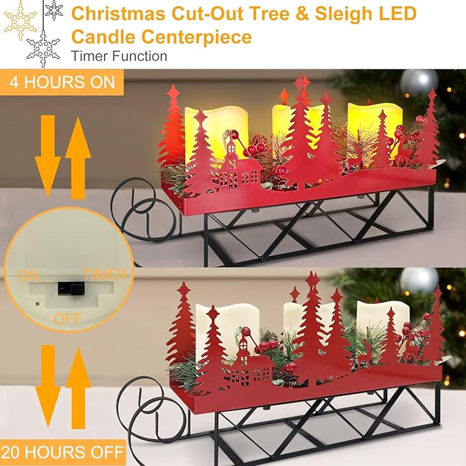 Christmas Sleigh Table Centerpieces Decorations, Xmas Red Cut-Out Tree Sleigh LED Candle Candelabrum with Timer Holiday Candle Holder for Home Party Table Mantel Decoration