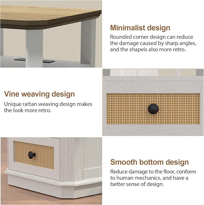 End Table with Charging Station, 24” Tall Sofa Side Table with Rattan Drawer, Anti-Collision Angle Wooden Night Stand for Living Room, Bedroom, Office.
