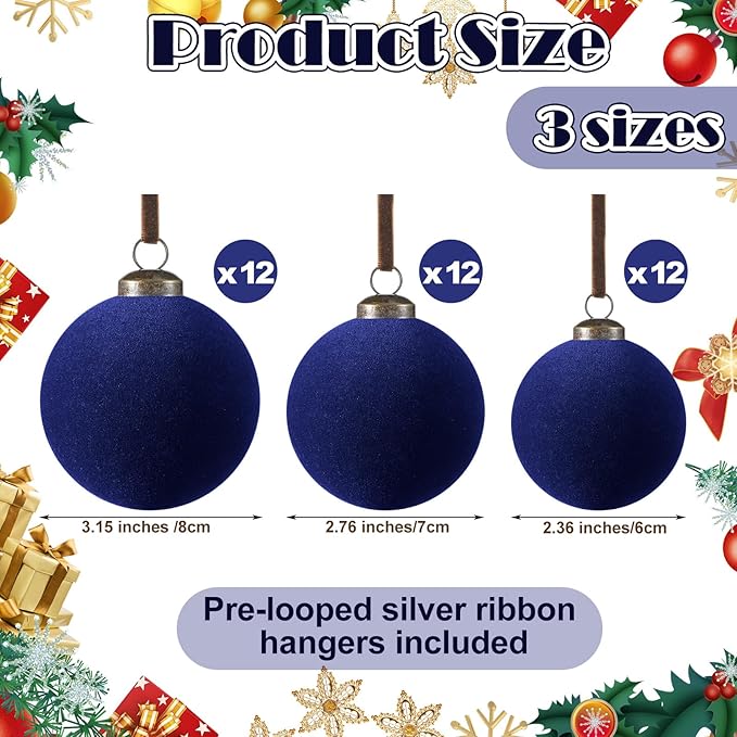 36 Pcs Velvet Christmas Balls Bulk - Flocked Christmas Tree Ball Ornaments Hanging Decoration for Xmas Tree, Wreath, Home or Party Decorations, 2.36", 2.76", 3.15"(Navy Blue)