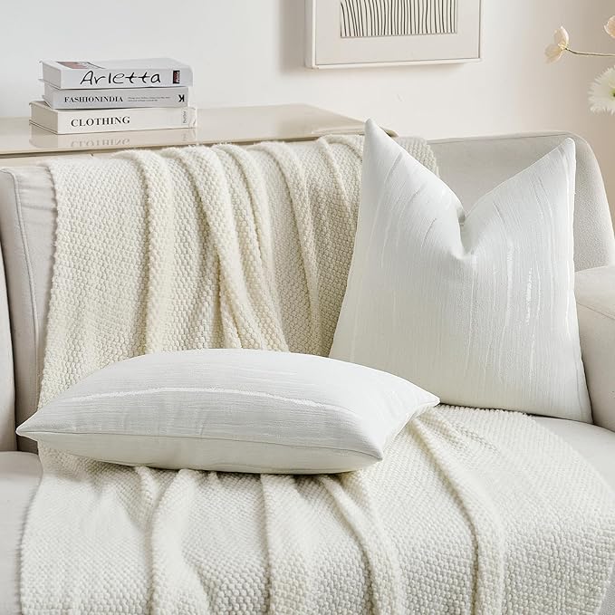 FUTEI White Chenille Decorative Throw Pillow Covers 24x24 Inch Set of 2,Soft Embossed Striped Textured European Cushion Case,Modern Home Decor for Couch Bed Living Room
