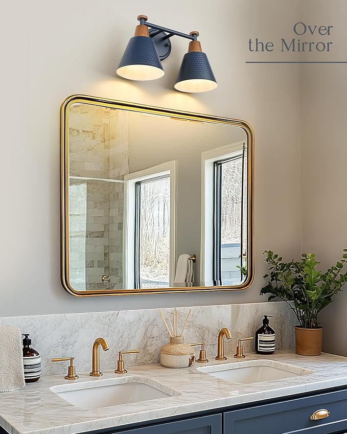 FEMILA 2 Light Bathroom Vanity Light, 15" Modern Bathroom Lighting Fixtures Over Mirror, with Woodgrain Finsih, 4FG59B-2W Blue-NW
