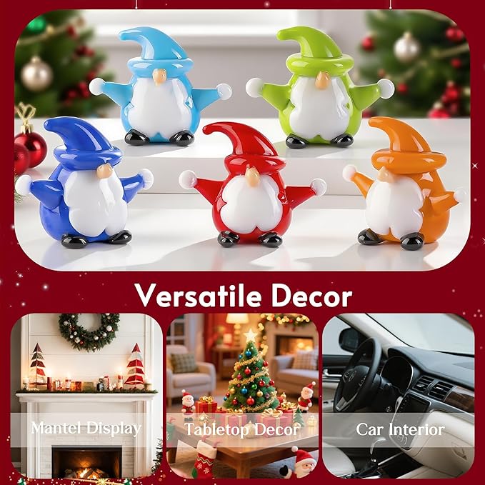 H&D HYALINE & DORA 5Pcs Christmas Gnomes Decorations Mini Blown Glass Christmas Ornaments Glass Xmas Figurines for Xmas Home Party Decor