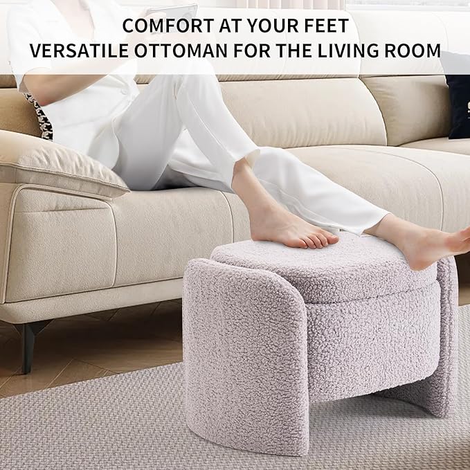Storage Bench with Lamb Fleece Fabric, Vanity Stool Chair, Upholstered Ottoman with Small Hidden Storage for Bedroom, Living Room, Entryway, No Assembly Required, Grey