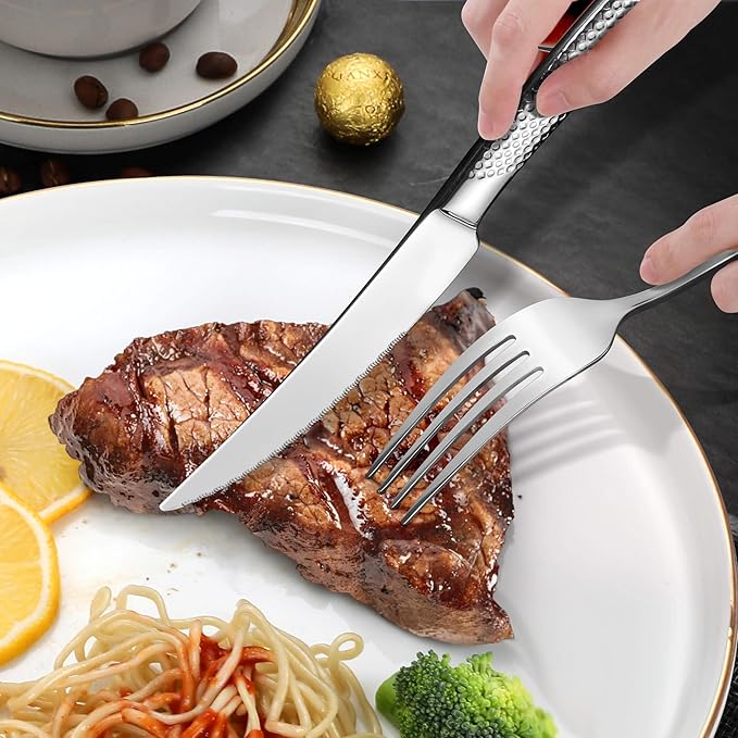 Lemeya 20-Piece Hammered Silverware Set for 4 with Serrated Forging Knives,18/10 Stainless Steel Modern Flatware Set,Unique Cutlery Set Spoons and Forks Set,Mirror Polished,Dishwasher Safe