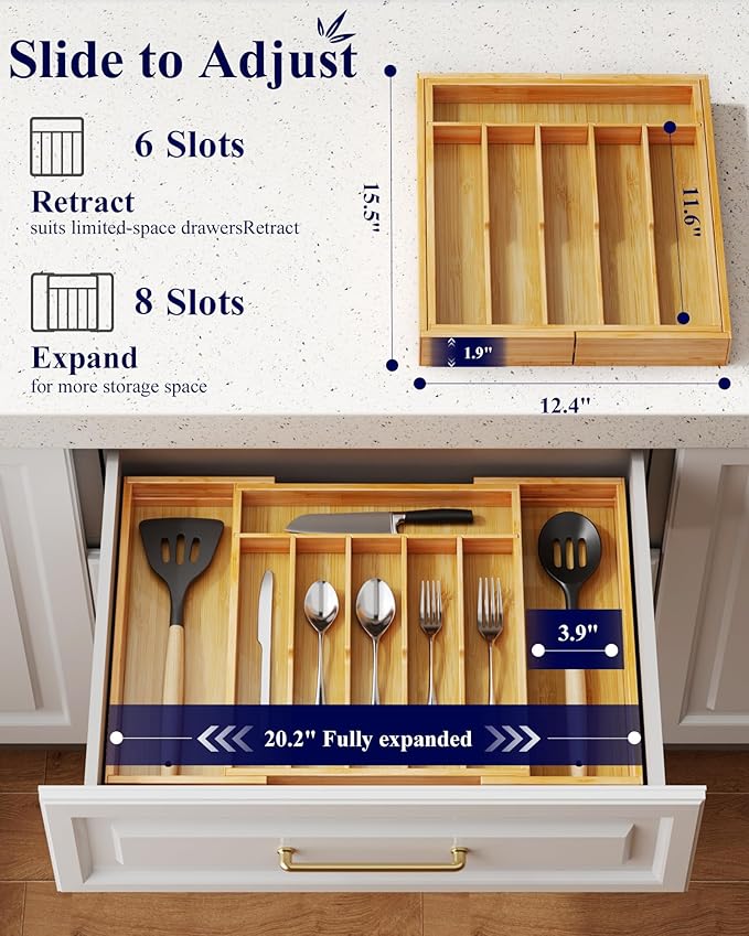Kitsure X-Large Thickened Silverware Organizer - Expandable Bamboo Kitchen Drawer Organizer for Cooking Utensils and Cutlery, Sturdy Kitchen Organizers and Storage Solution, 20.2"×15.5"×1.8"