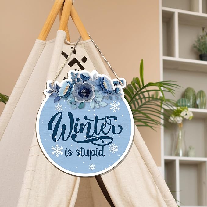 CGBHW Funny Navy Blue Winter Christmas Wooden Sign, Winter Snowflake Snowy Dusty Blue Flowers Decoration Hanging Sign Wall Decor, Christmas Seasonal Holidays Wooden Signs for Home Door Decor 12 x 12 Inch