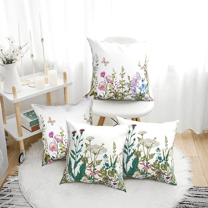 Wildflowers Throw Pillow Covers 18x18 Set of 4 Farmhouse Decorative Pillow Covers Floral Outdoor Patio Pillow Cases Cushions Cover for Living Room Couch Sofa Bed Home Decor